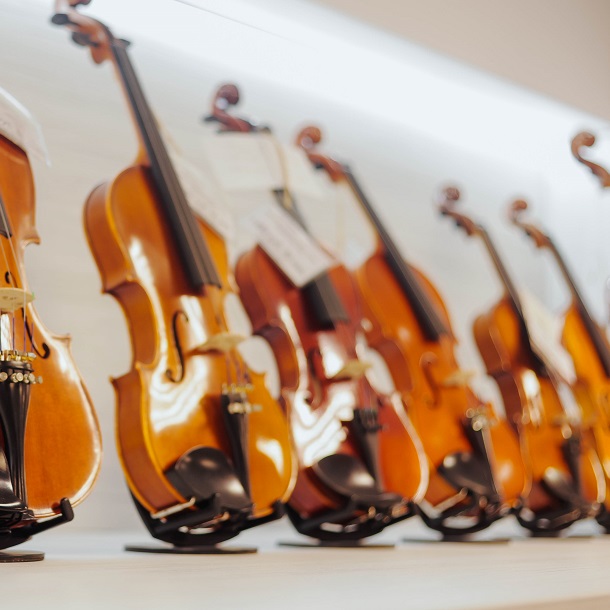 Violins on shelve at music store. Close up.